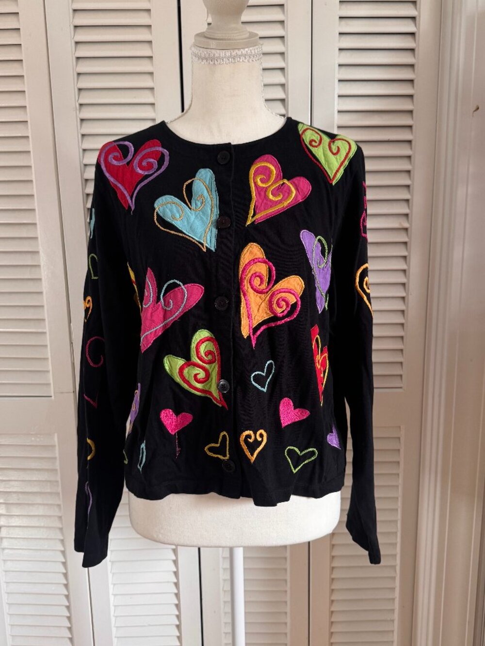 Vintage Michael Simon Lite Embroidered Heart Cardigan Black Size Large
